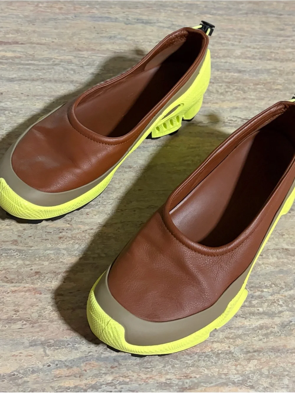 Ecco Biom Natural Motion Brown Leather Slip-On Sneakers with Neon Yellow Accents